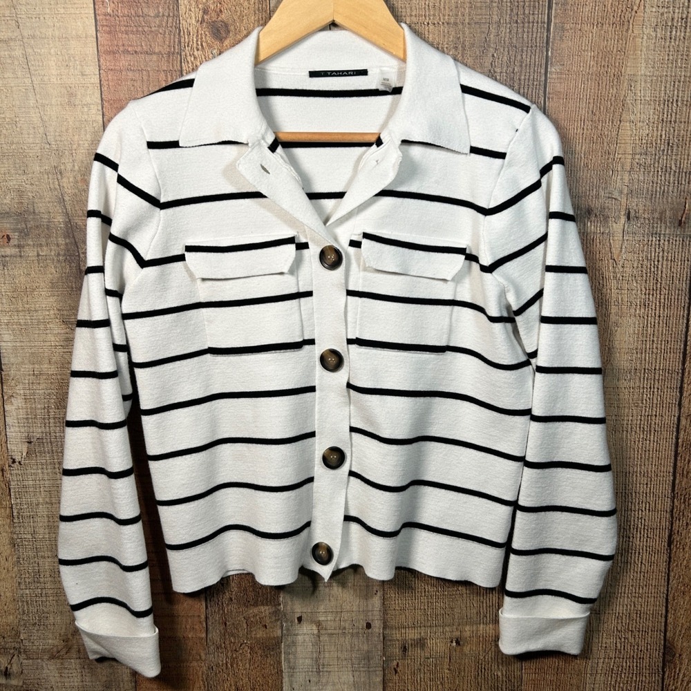 T Tahari M White Black Striped Button Cardigan Jacket Collared Knit Parisian